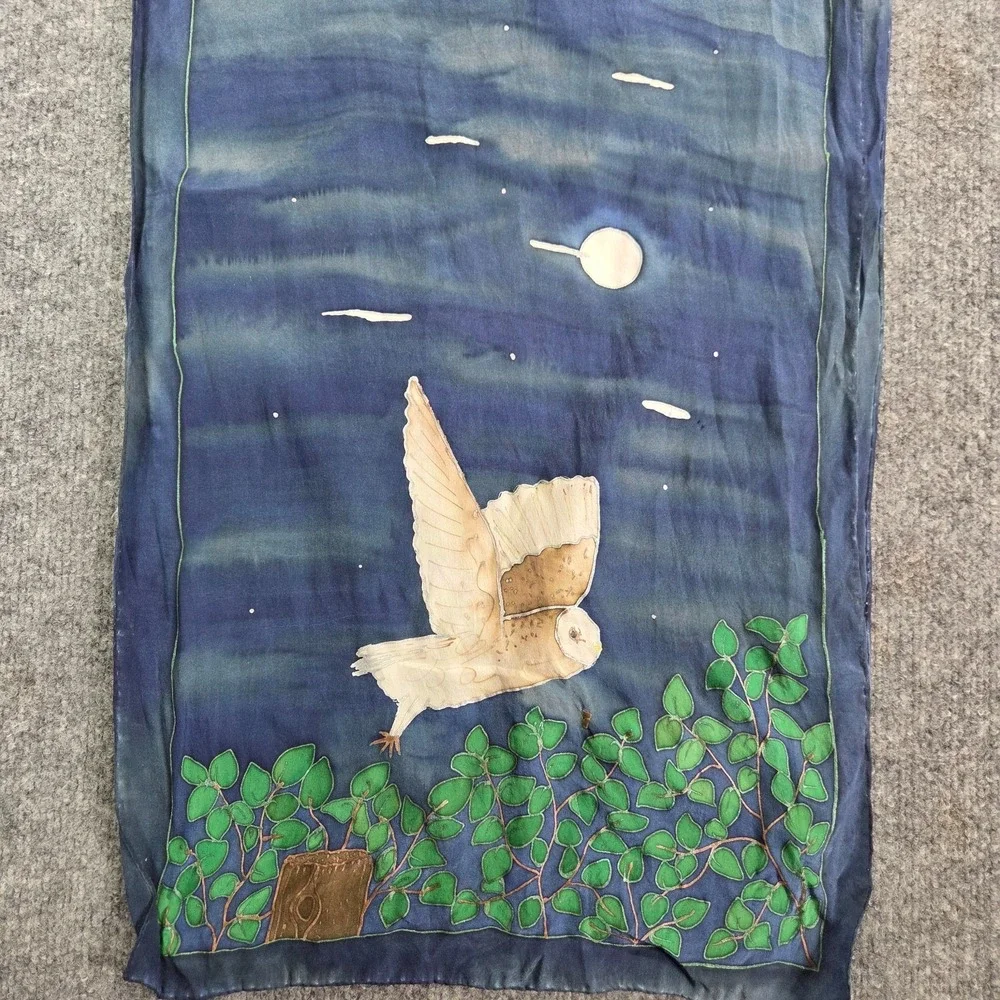 Hand painted silk scarf one of a kind Barn‎ Owl Nature Signed 65X15 Handmade